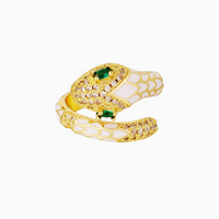 Anel GRINE em forma de serpente de cobre com enamel rosa, zircónias brilhantes e olhos em zircónia verde.