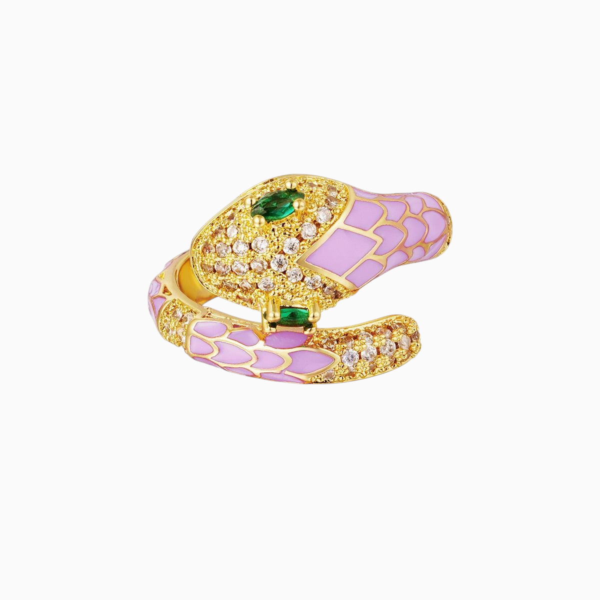 Anel GRINE em forma de serpente de cobre com enamel rosa, zircónias brilhantes e olhos em zircónia verde.