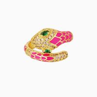 Anel GRINE em forma de serpente de cobre com enamel rosa, zircónias brilhantes e olhos em zircónia verde