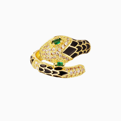 Anel GRINE em forma de serpente de cobre com enamel preto, zircónias brilhantes e olhos em zircónia verde.