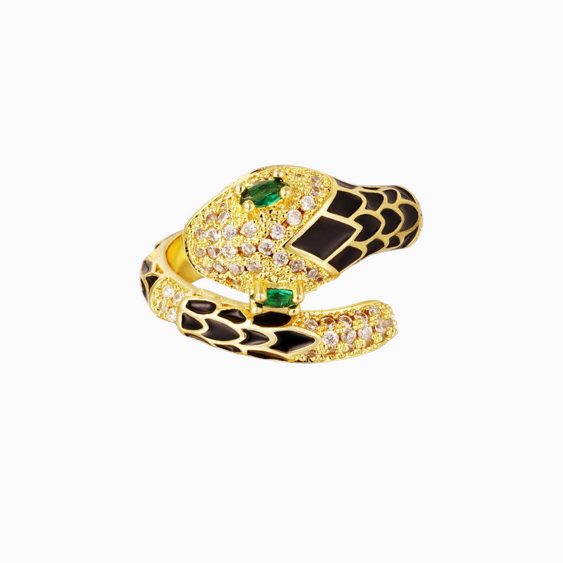 Anel GRINE em forma de serpente de cobre com enamel preto, zircónias brilhantes e olhos em zircónia verde.