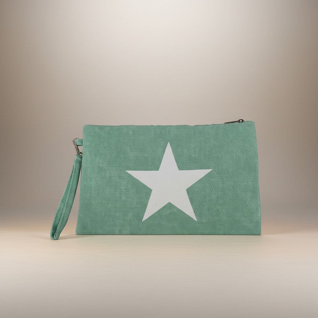 GRINE Aquamarine textile pouch with white star detail and removable wrist strap. Perfect for beach essentials.
