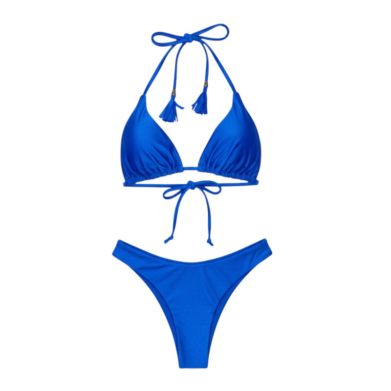 GRINE BEACHWEAR blue triangle bikini with adjustable ties and tassel details. Textured polyamide fabric with gold-plated hardware.