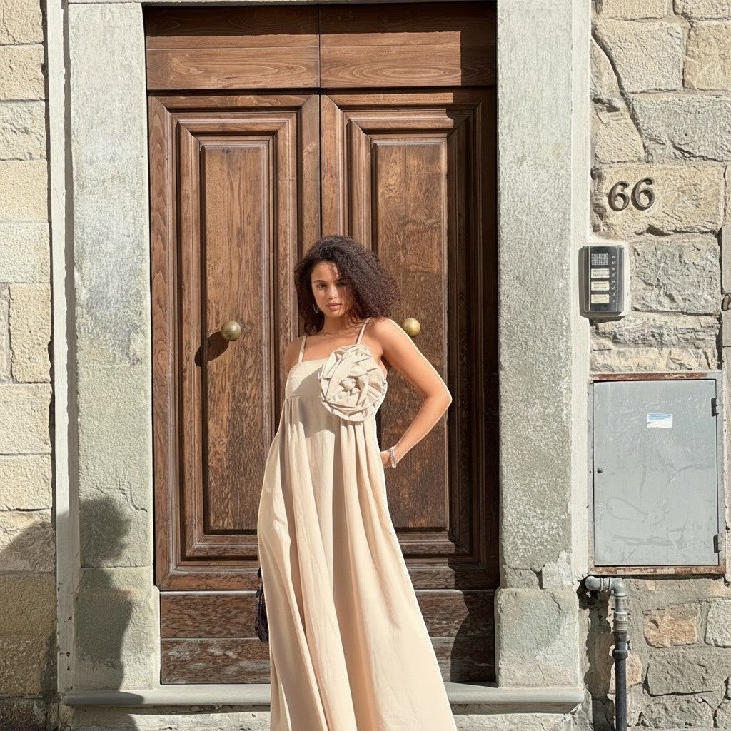 GRINE light beige cotton maxi dress with spaghetti straps and a removable flower detail on the bust. Model is wearing a size S.