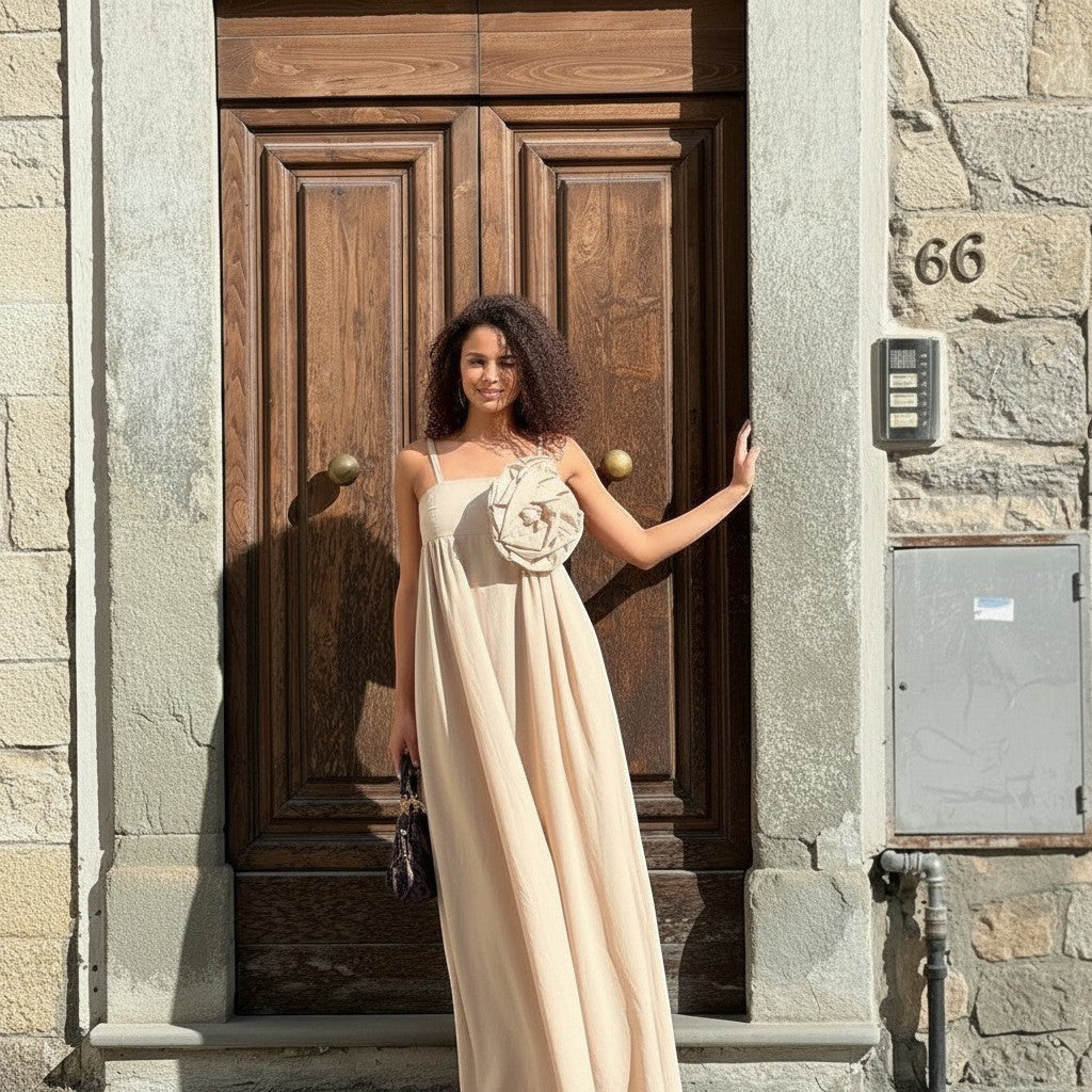 GRINE Mary beige cotton maxi dress with spaghetti straps and removable floral detail on bust. Model stands in front of a wooden door.