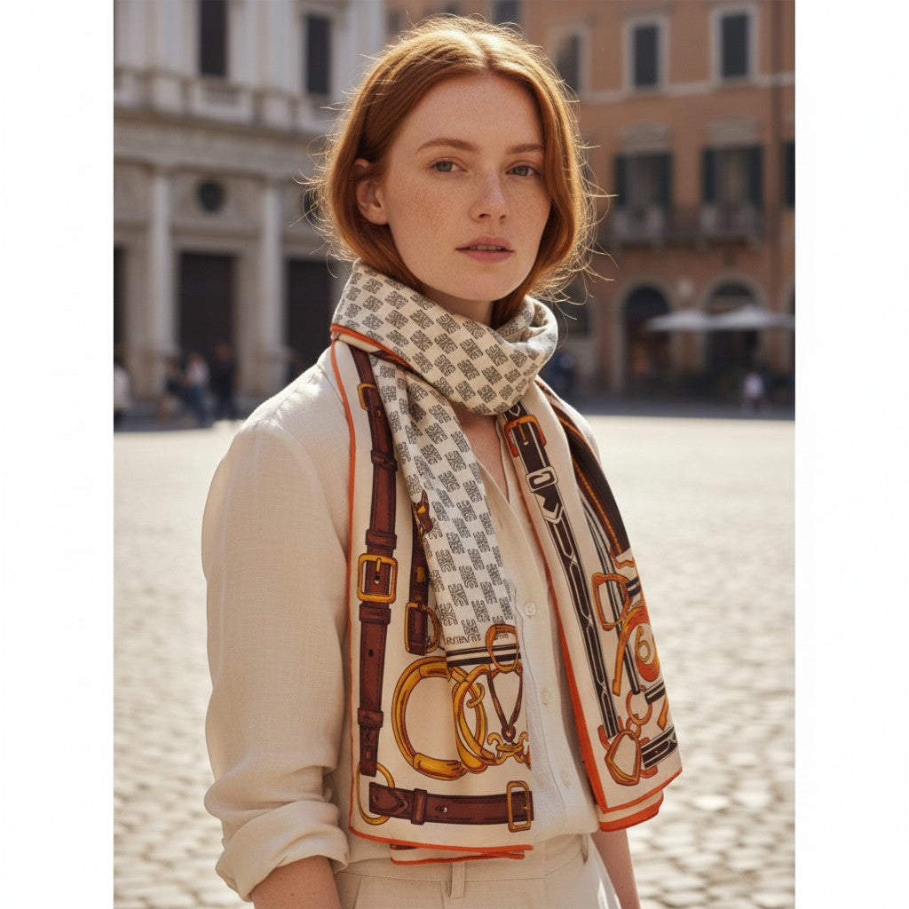 GRINE beige polyester scarf with equestrian print and repeating logo pattern. 195cm x 90cm.