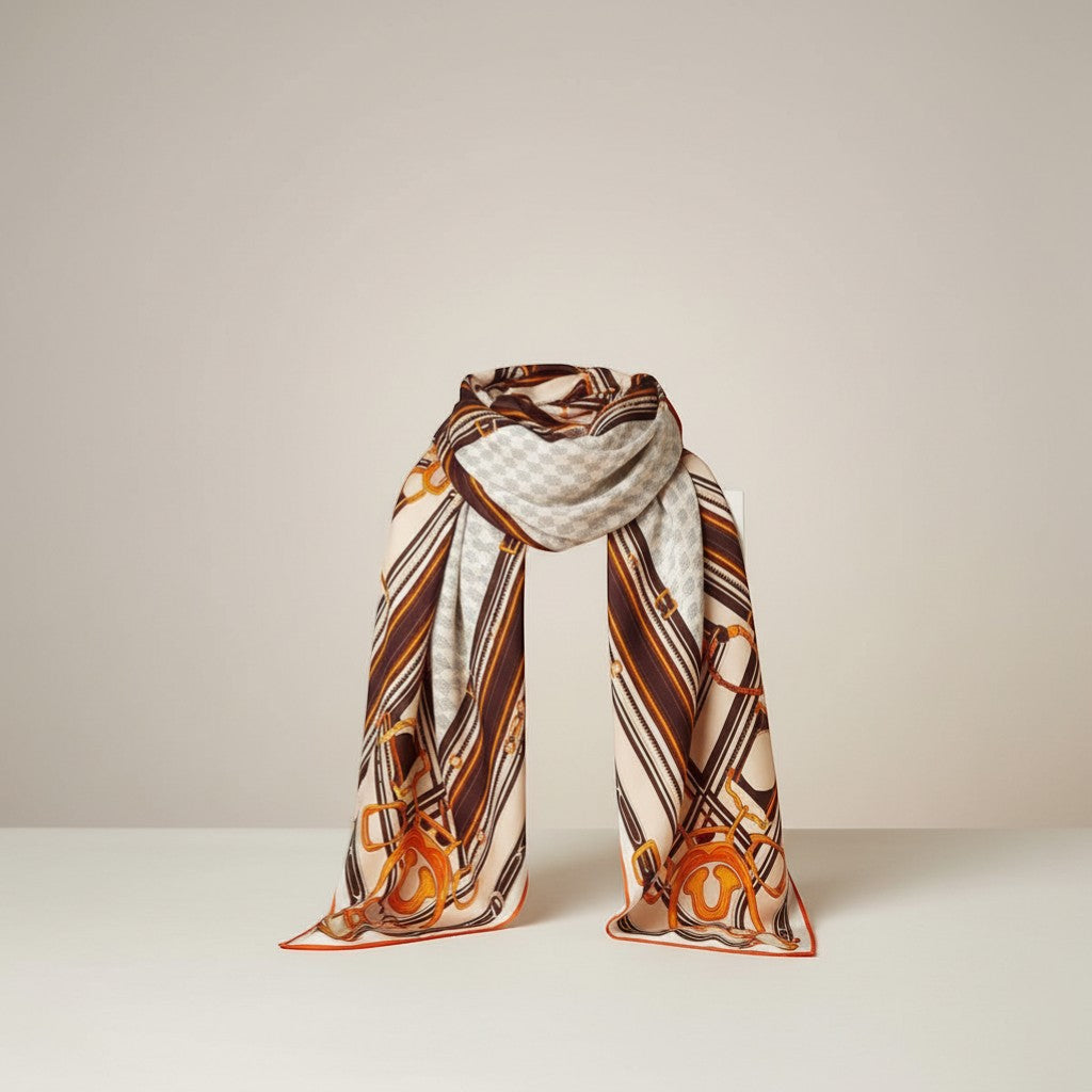 GRINE beige polyester scarf with equestrian bit print and striped border. 195cm x 90cm.