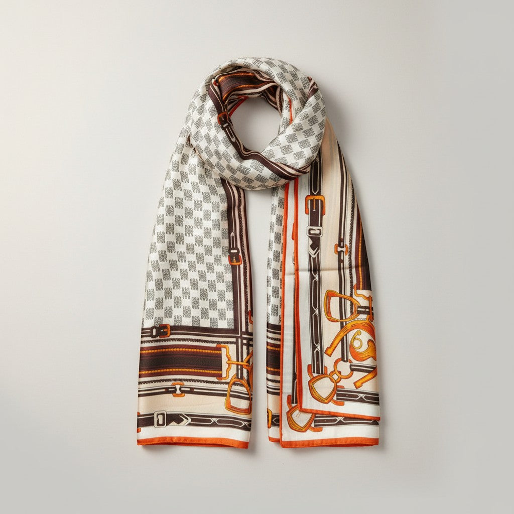 GRINE beige polyester scarf with equestrian buckle and stirrup print, 195cm x 90cm