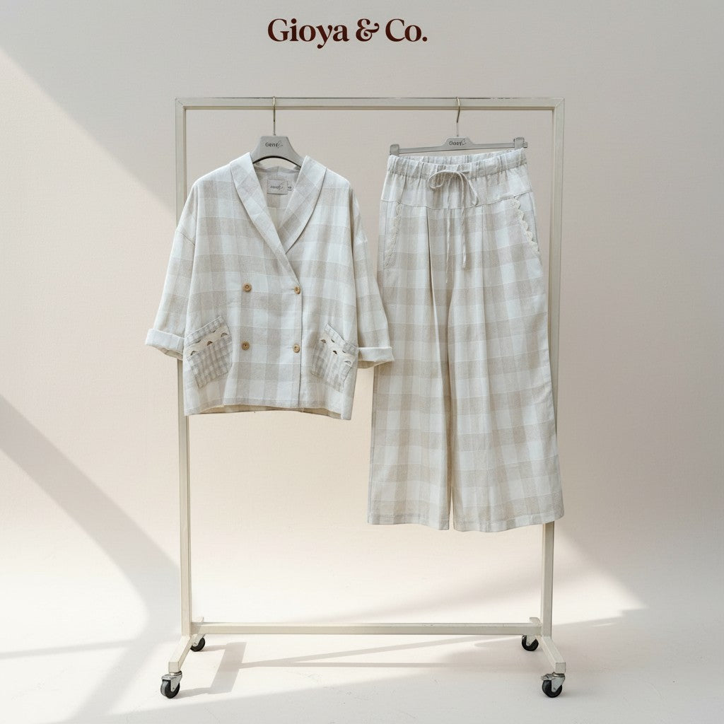 GRINE beige linen checkered wide-leg pants with drawstring waist and scalloped pocket details.