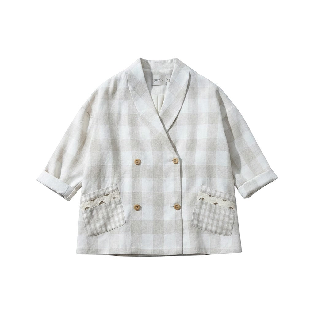GRINE beige linen checkered blazer with double-breasted closure and decorative pocket details. Loose fit, size M/L.