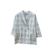 GRINE beige linen checkered blazer with double-breasted closure and decorative pocket details.