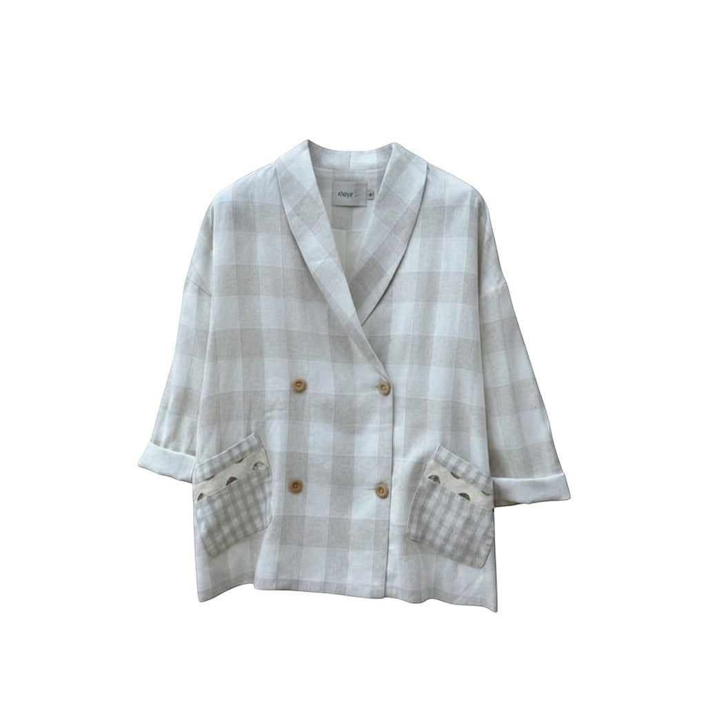 GRINE beige linen checkered blazer with double-breasted closure and decorative pocket details.