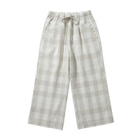 GRINE beige linen checkered wide-leg pants with drawstring waist and scalloped pocket details.