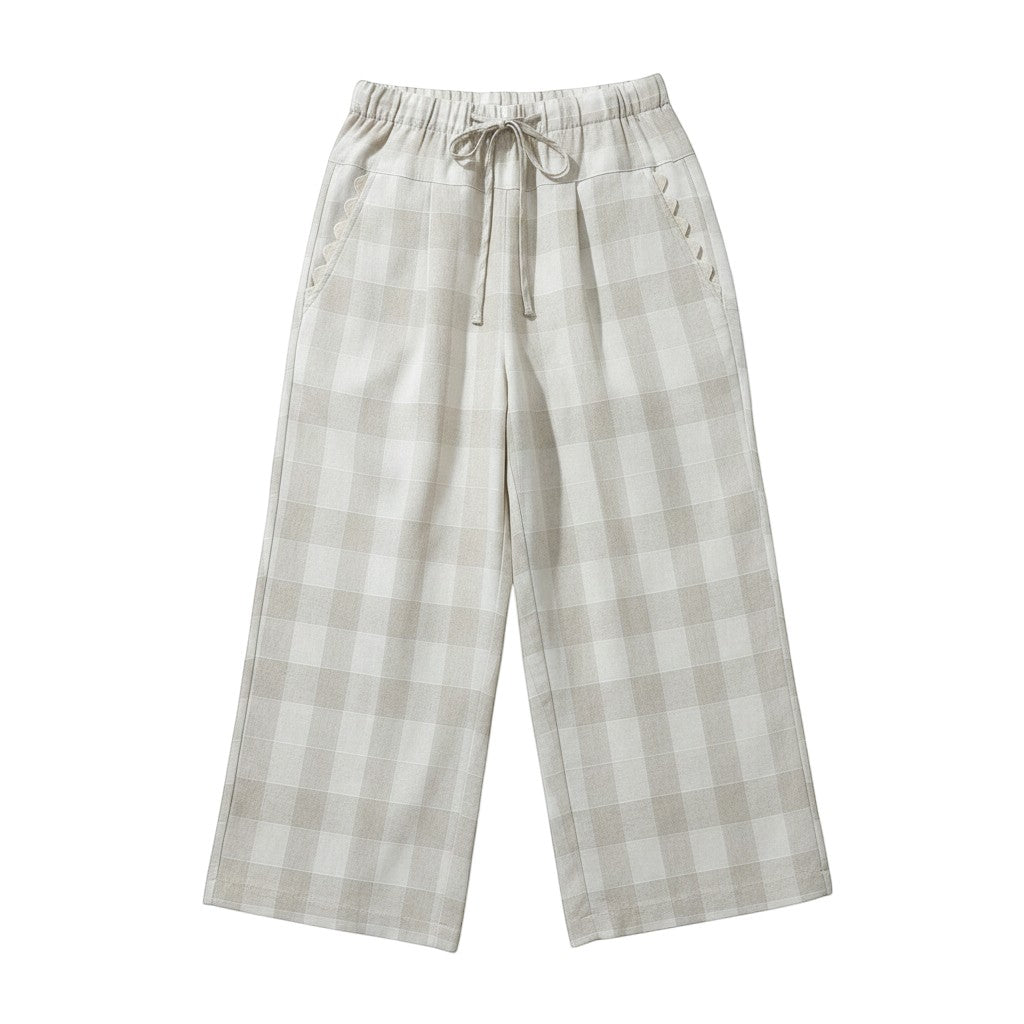 GRINE beige linen checkered wide-leg pants with drawstring waist and scalloped pocket details.