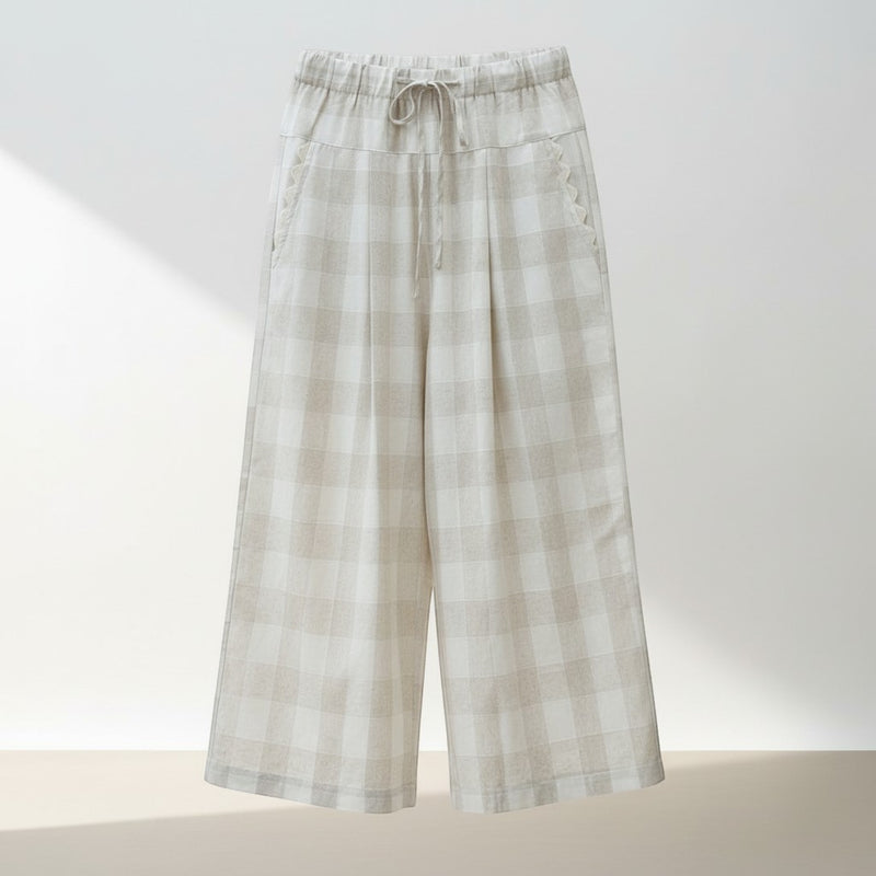 GRINE beige linen checkered wide-leg pants with drawstring waist and scalloped pocket details.