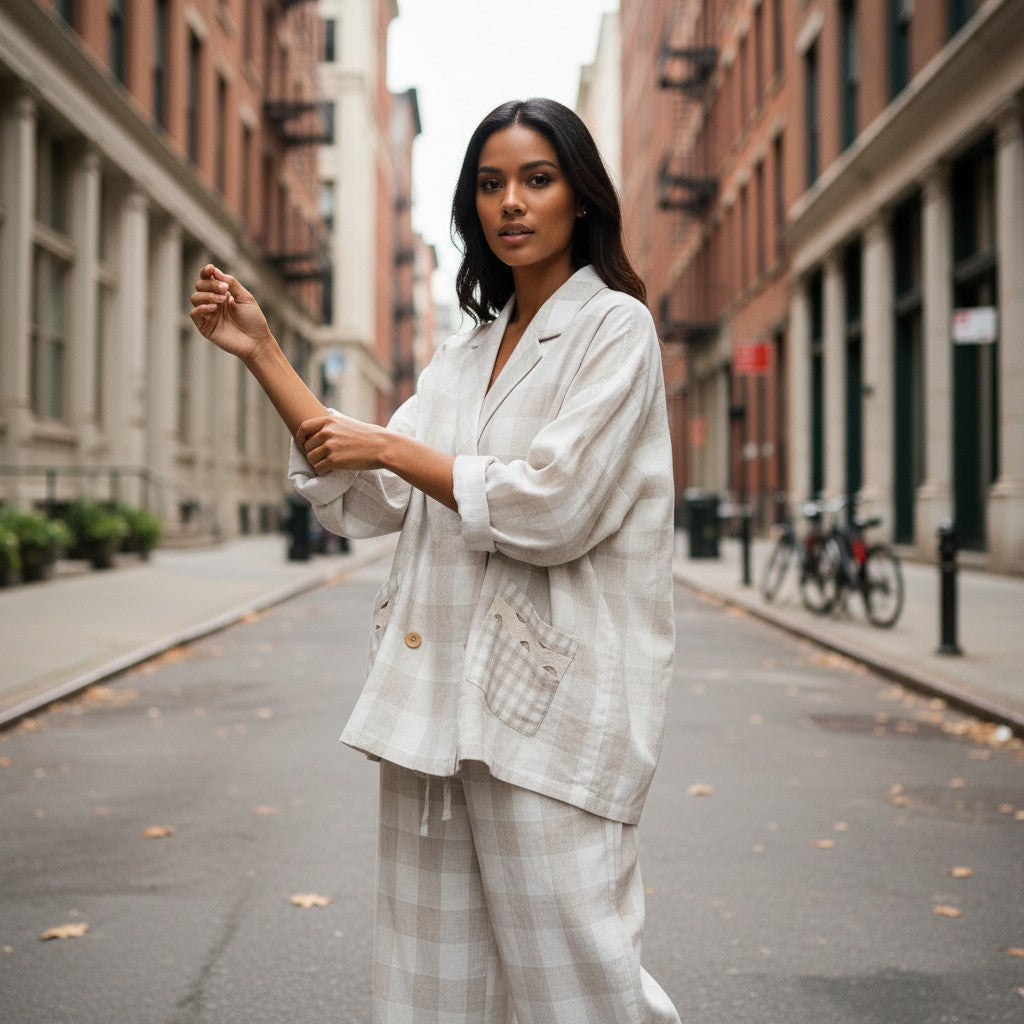 GRINE beige linen checkered wide-leg pants with drawstring waist and scalloped pockets. Relaxed fit, ideal for warm weather.