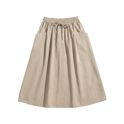 GRINE beige midi skirt with elasticated drawstring waist and two side pockets. Casual style.
