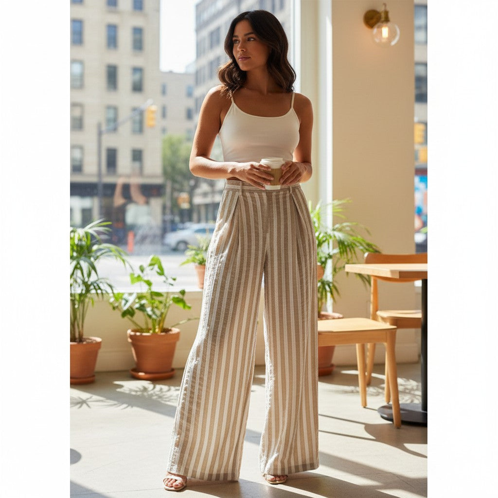 GRINE Nara beige and white striped cotton jogger pants with elastic waist and four pockets.