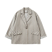GRINE oversized beige linen blend blazer with black vertical stripes and button closure. Features two front pockets and cuffed sleeves.