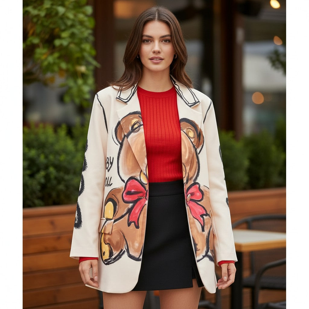 GRINE beige oversized blazer with a central teddy bear graphic and red bow detail.