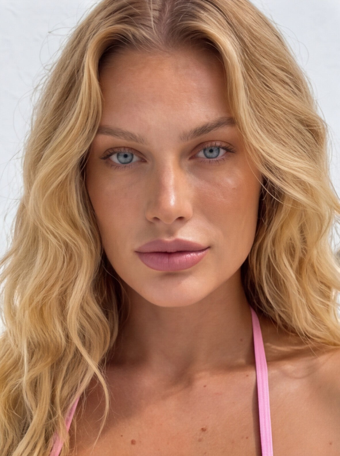 Biquíni GRINE triângulo vermelho e rosa com fru-fru lateral, copas ajustáveis e almofadas removíveis. Tecido com proteção UV+50.