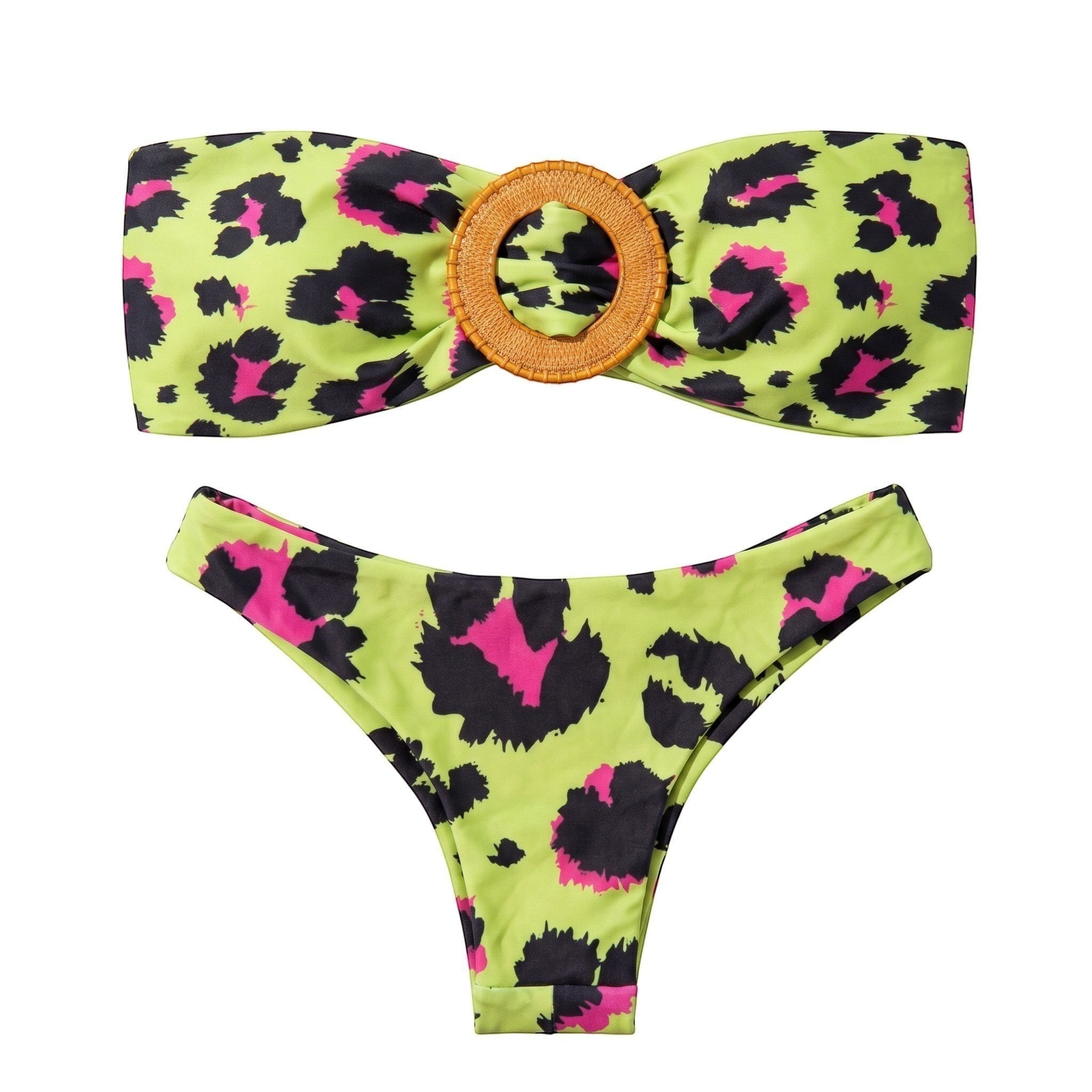 Biquíni GRINE Wild Desire com estampa animal print em verde lima, amarelo e rosa, modelo cortininha com detalhe central.