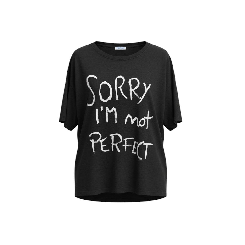 GRINE black 100% cotton t-shirt with round neck and short sleeves, featuring white text that says "SORRY I'M not PERFECT".