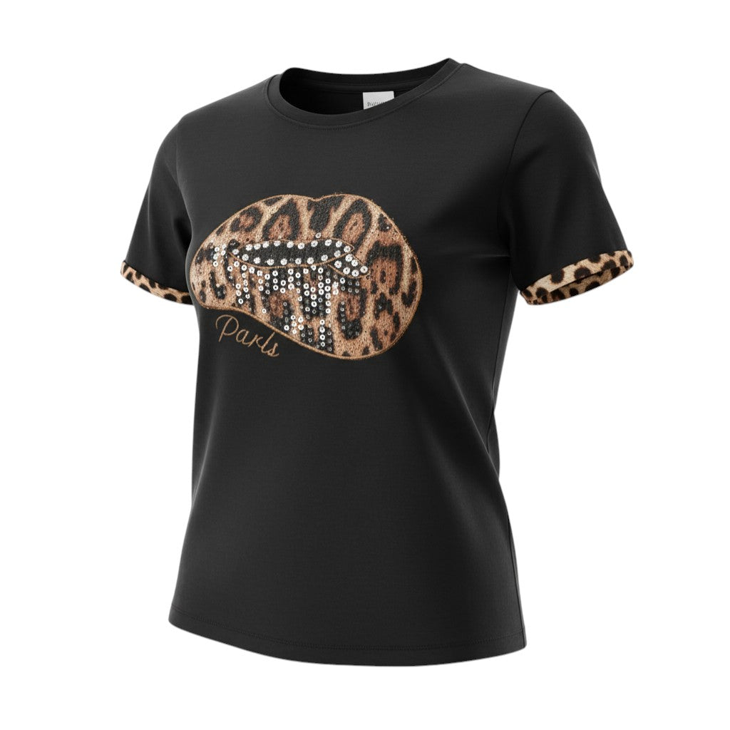 GRINE black cotton t-shirt with sequined leopard print lips and 'Paris' embroidery. Short sleeves with leopard print trim.