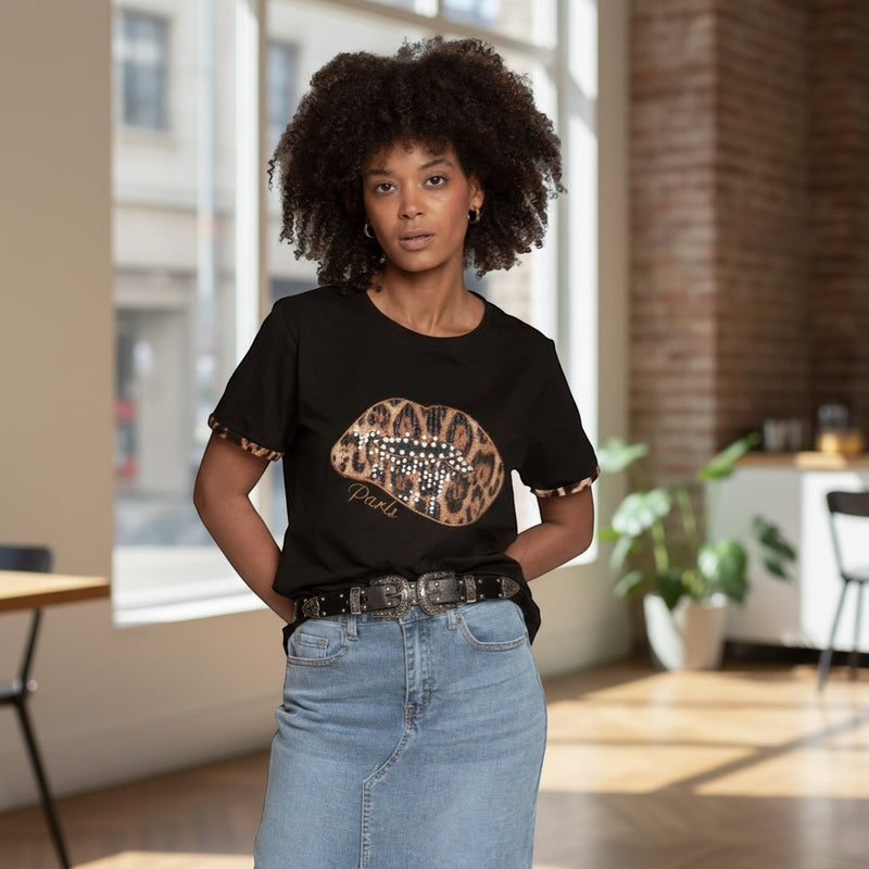 GRINE black cotton t-shirt with sequined leopard print lips and 'Paris' embroidery. Short sleeves with leopard print trim.