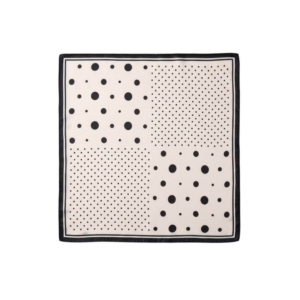 GRINE satin square scarf with black and white polka dots and black border. Versatile accessory.