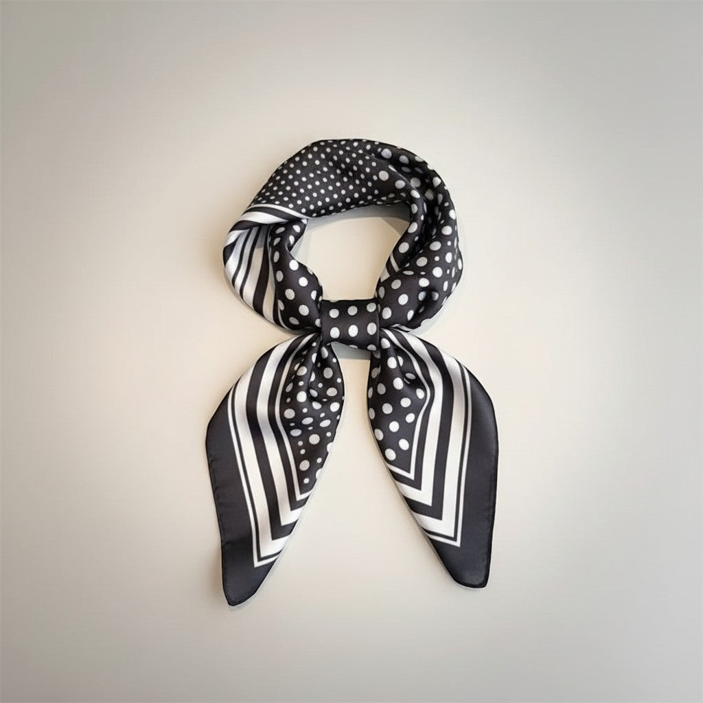 GRINE black and white polka dot satin square scarf, 70cm x 70cm, perfect for any season.