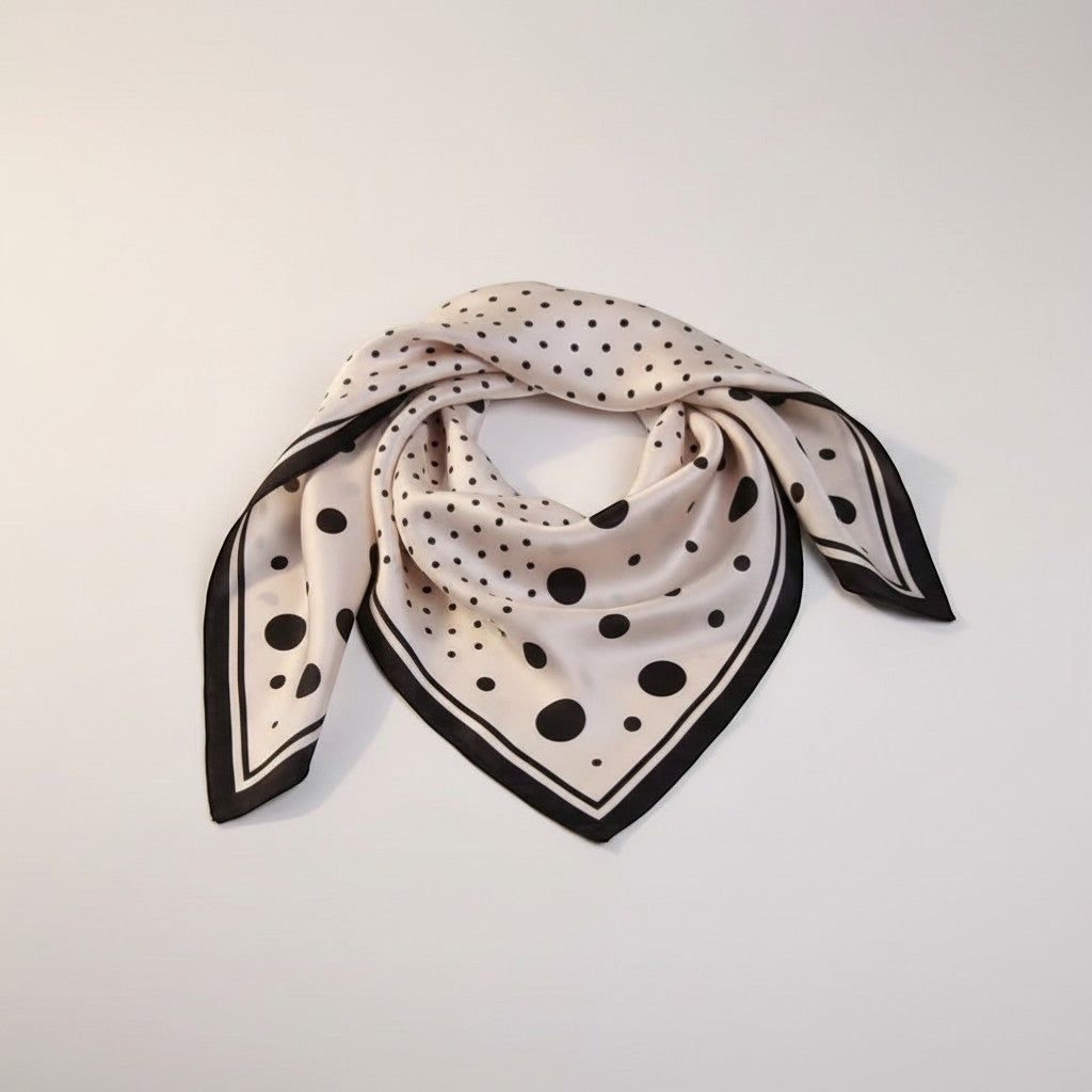 GRINE satin square scarf with black and white polka dots, versatile accessory for neck, hair, bag or pocket.