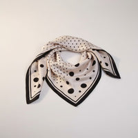 GRINE satin square scarf with black and white polka dots, versatile accessory for neck, hair, bag or pocket.
