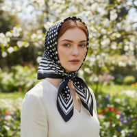 GRINE black and white polka dot and striped satin square scarf, 70cm x 70cm.