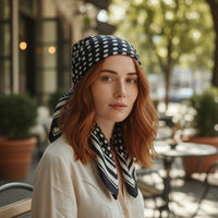 GRINE black and white polka dot satin square scarf, 70cm x 70cm, perfect for any season.