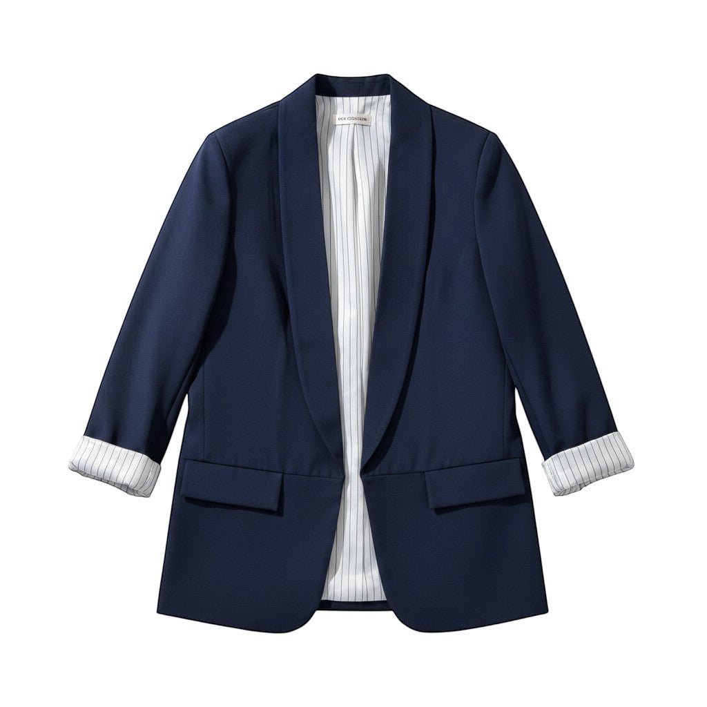 Blazer aberto GRINE azul marinho com forro de riscas finas pretas e brancas, corte fluido e elegante.