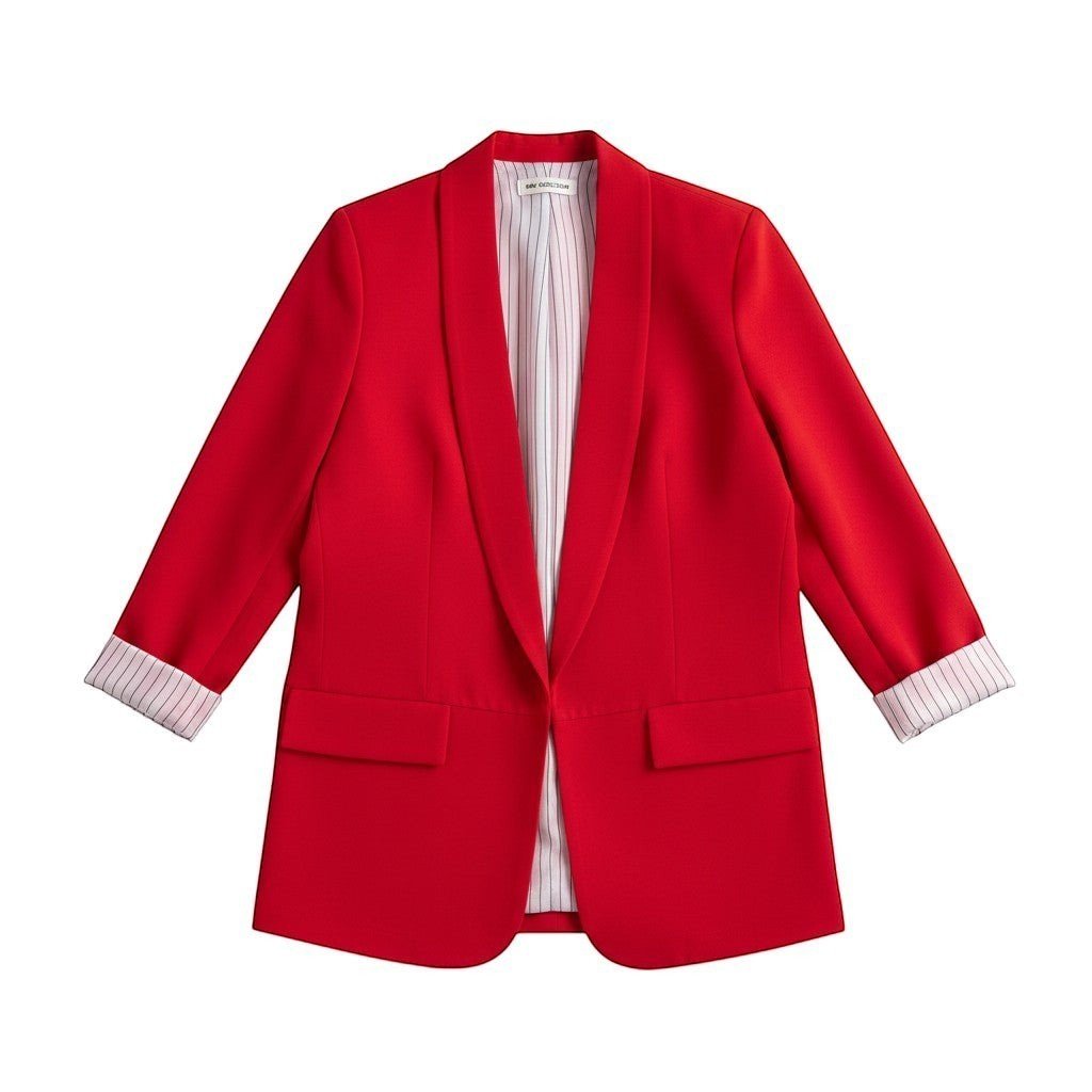 Blazer aberto GRINE vermelho em poliéster com forro de riscas finas e enchumaços nos ombros