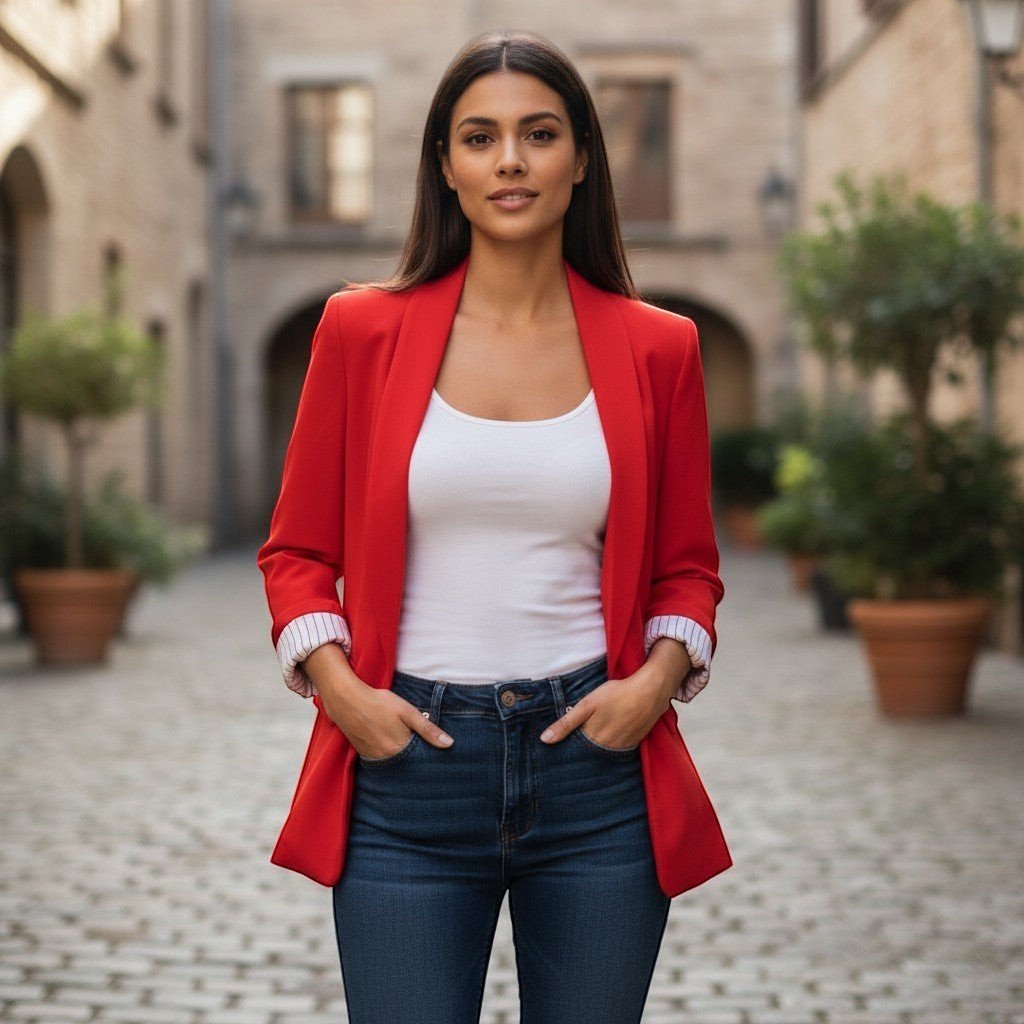 Blazer aberto vermelho GRINE com forro de riscas, usado por modelo em ambiente urbano, estilo casual e elegante.