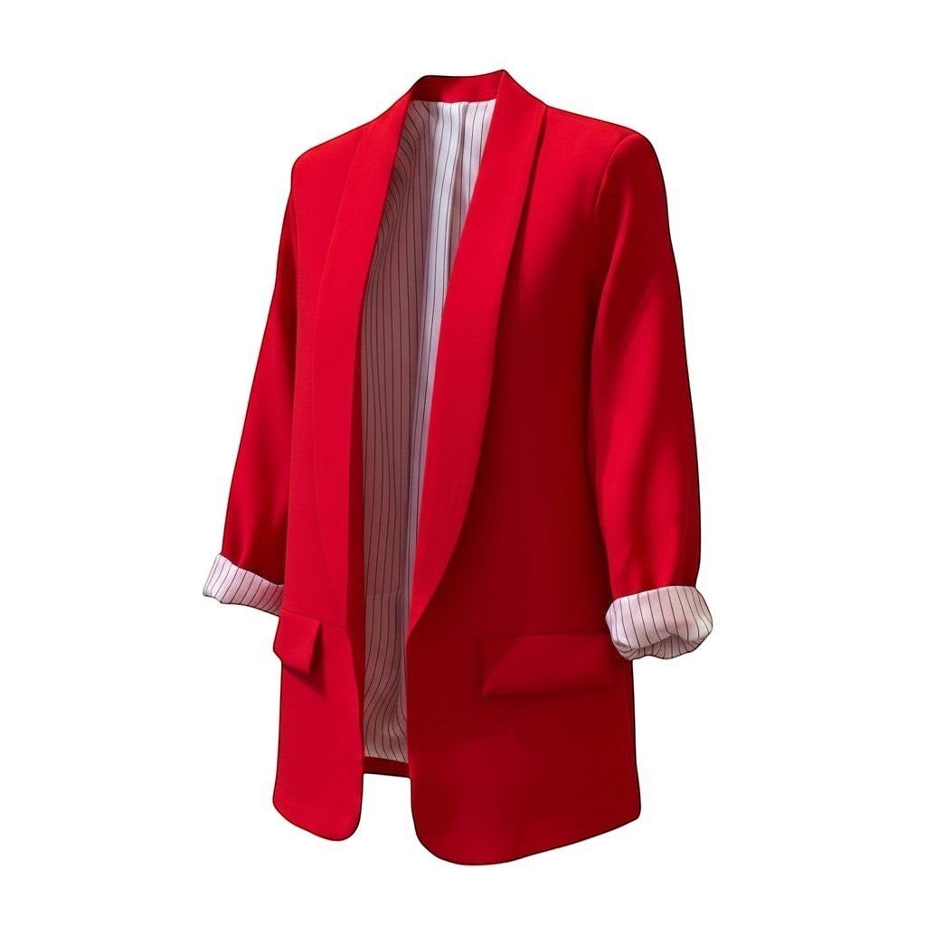 Blazer aberto vermelho GRINE com forro branco de riscas pretas, confecionado em poliéster e elastano.