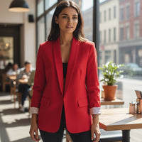 Modelo veste blazer aberto vermelho GRINE com forro de riscas finas, estilo elegante e fluido em ambiente urbano.