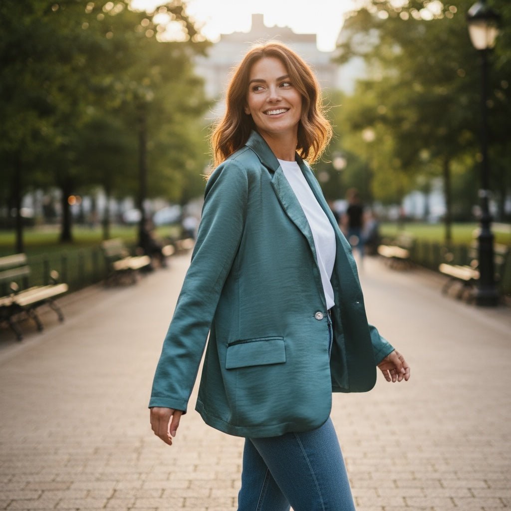 Mulher sorridente a usar blazer oversize acetinado verde da GRINE num parque, com t-shirt branca e calças de ganga.