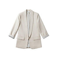 GRINE blazer bege em poliéster com elastano, forro branco de riscas pretas e lapelas.