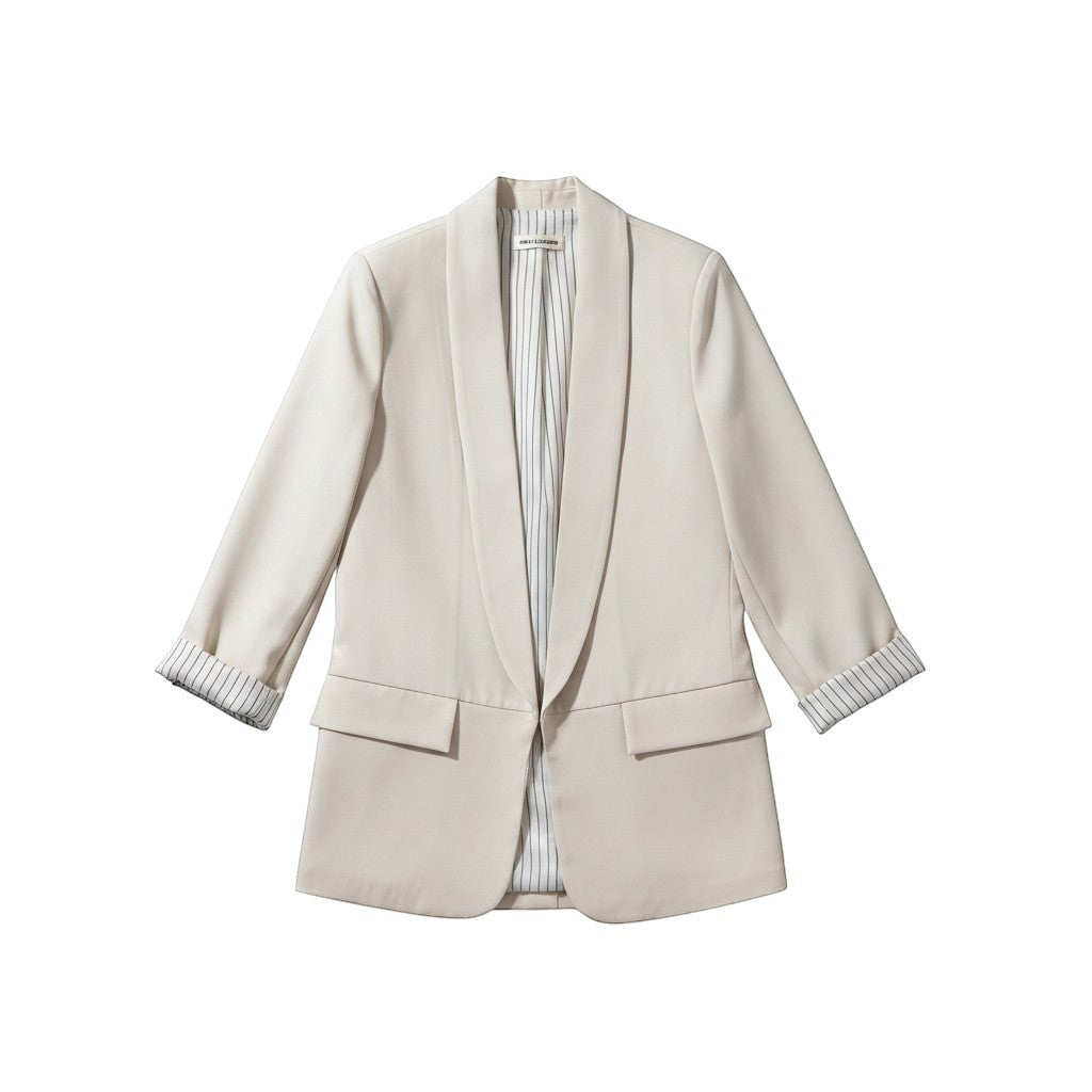 GRINE blazer bege em poliéster com elastano, forro branco de riscas pretas e lapelas.