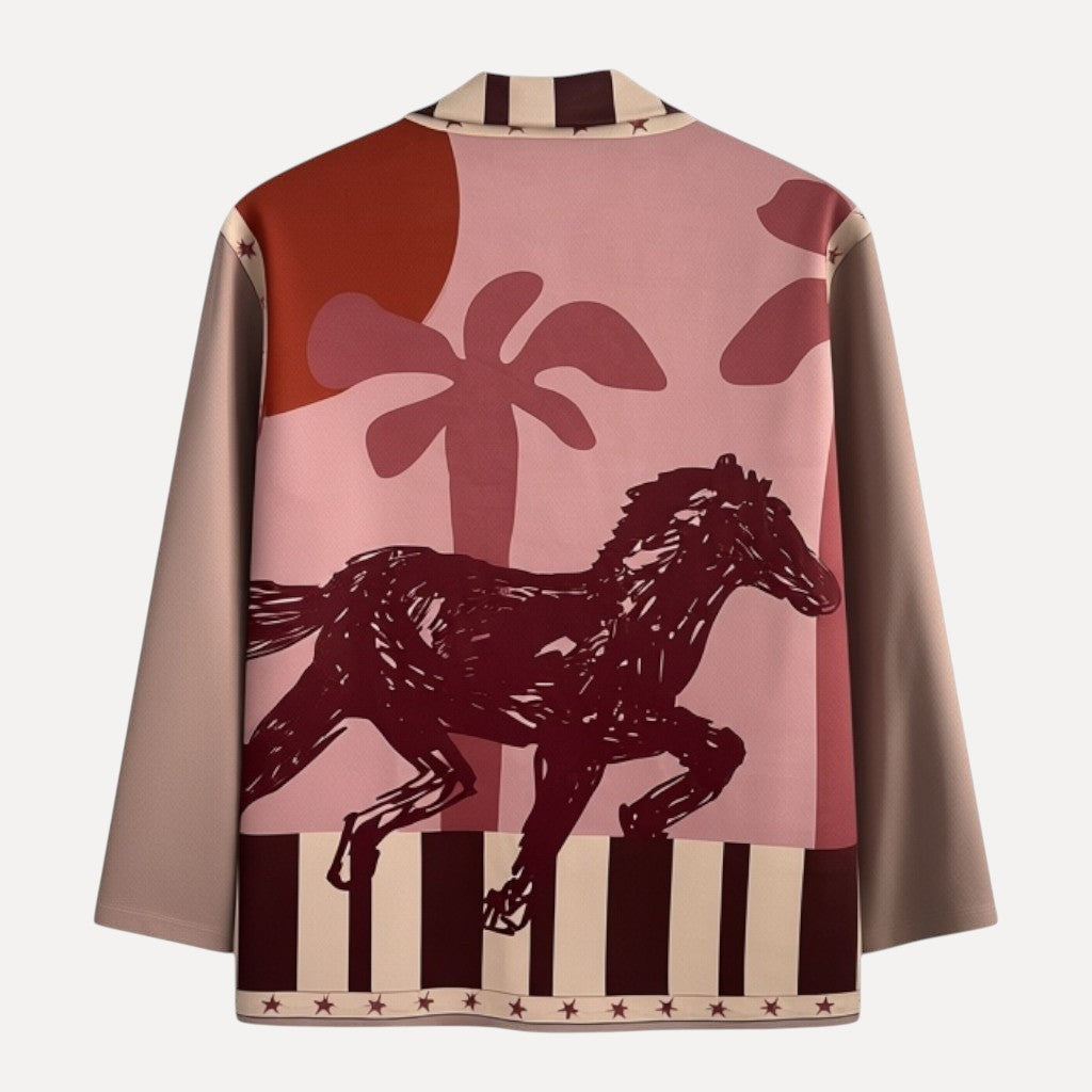 Blazer GRINE oversized em camurça sintética com ilustração artística de cavalo selvagem e sol nas costas