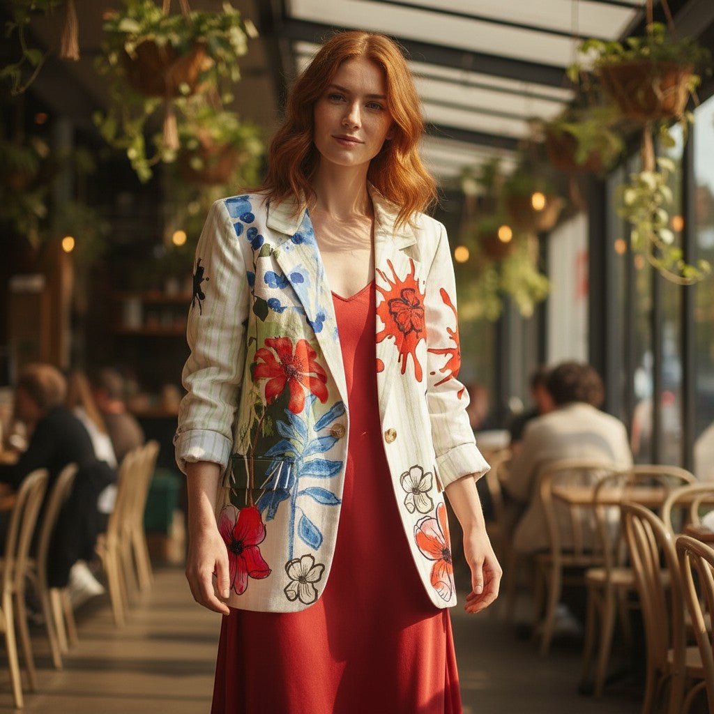 Modelo ruiva veste blazer oversized GRINE branco creme com estampa floral vibrante e pinstripes verdes em café
