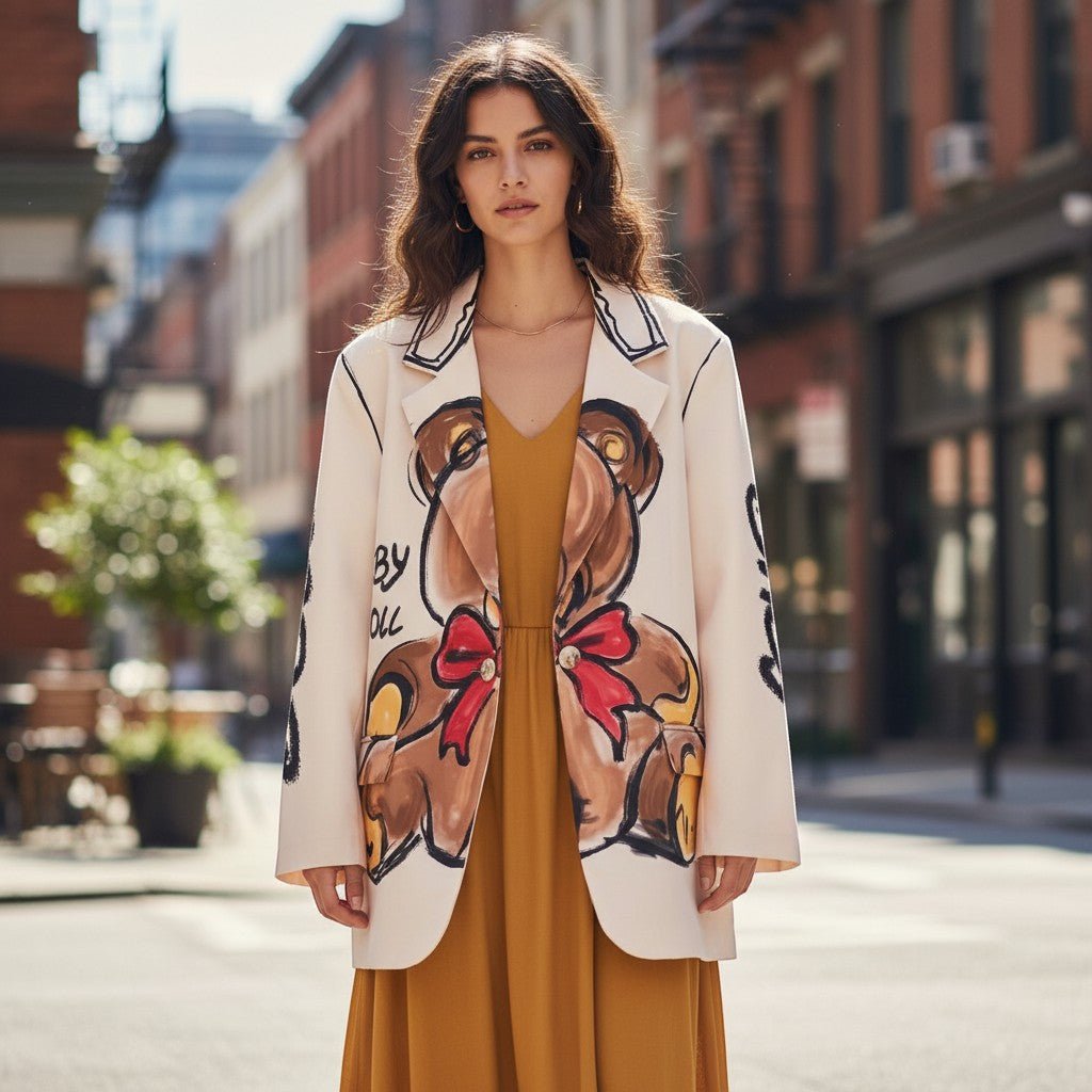 Modelo veste blazer oversized bege GRINE com estampa central de urso e laço vermelho em ambiente urbano