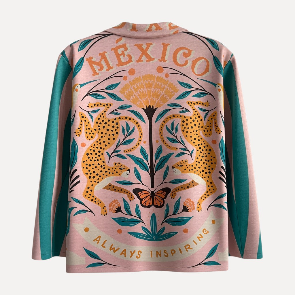 Blazer GRINE oversized em camurça sintética rosa com ilustração de leopardos, flores e borboleta nas costas.