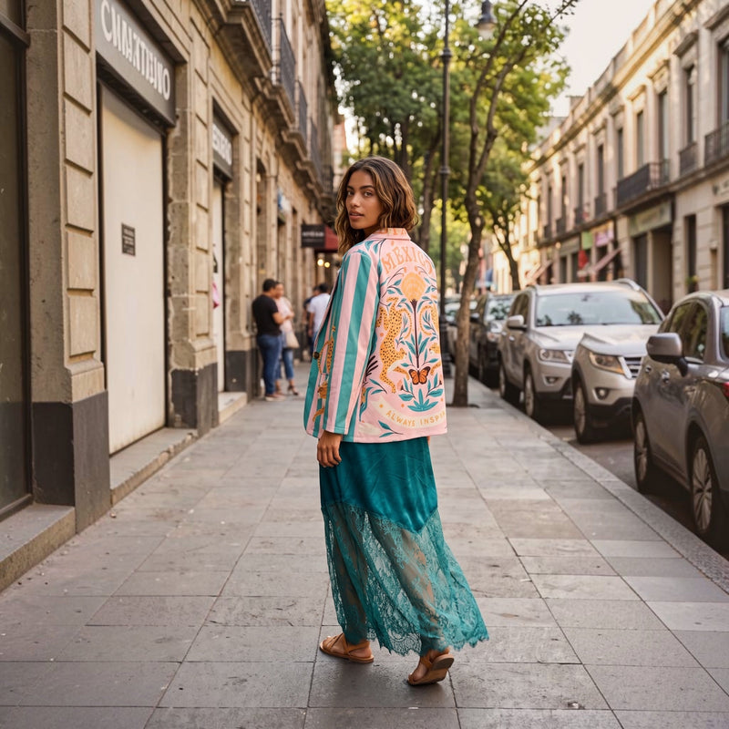 Modelo veste blazer GRINE oversized em camurça sintética com riscas pastel e ilustração de leopardo e borboleta atrás