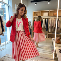 GRINE Blazer vermelho de poliéster com elastano, com forro branco de riscas pretas. Tamanho único.