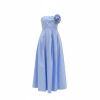 GRINE blue cotton strapless maxi dress with a removable flower detail on the bust and elasticated chest.